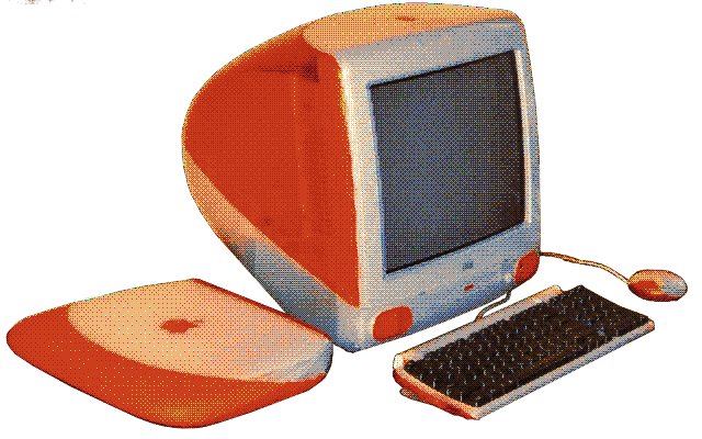 an imac from the 2000s with clear orange and transclucent plastic